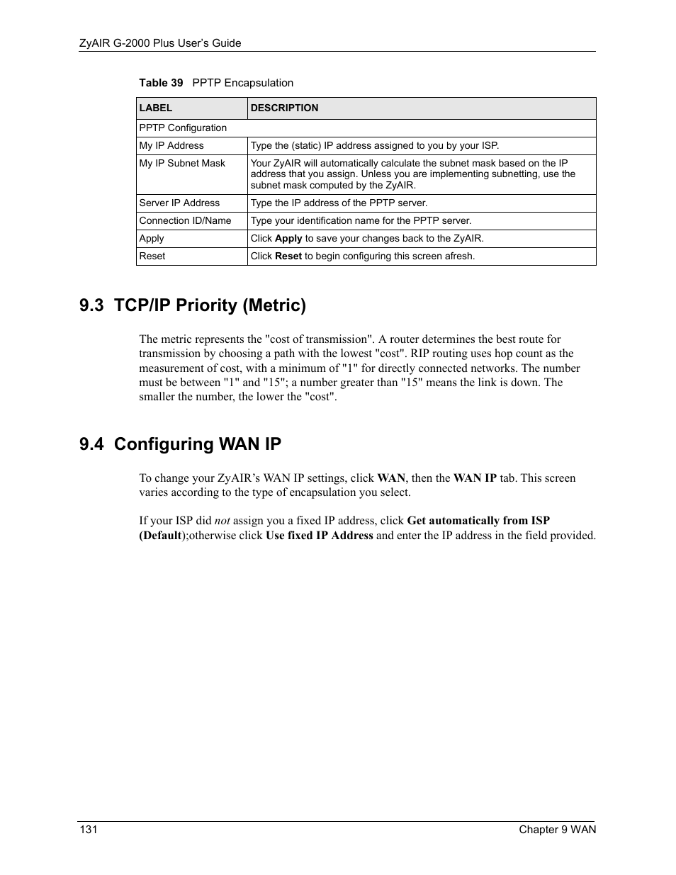 3 tcp/ip priority (metric), 4 configuring wan ip, 3 tcp/ip priority (metric) 9.4 configuring wan ip | ZyXEL Communications G-2000 Plus User Manual | Page 132 / 430