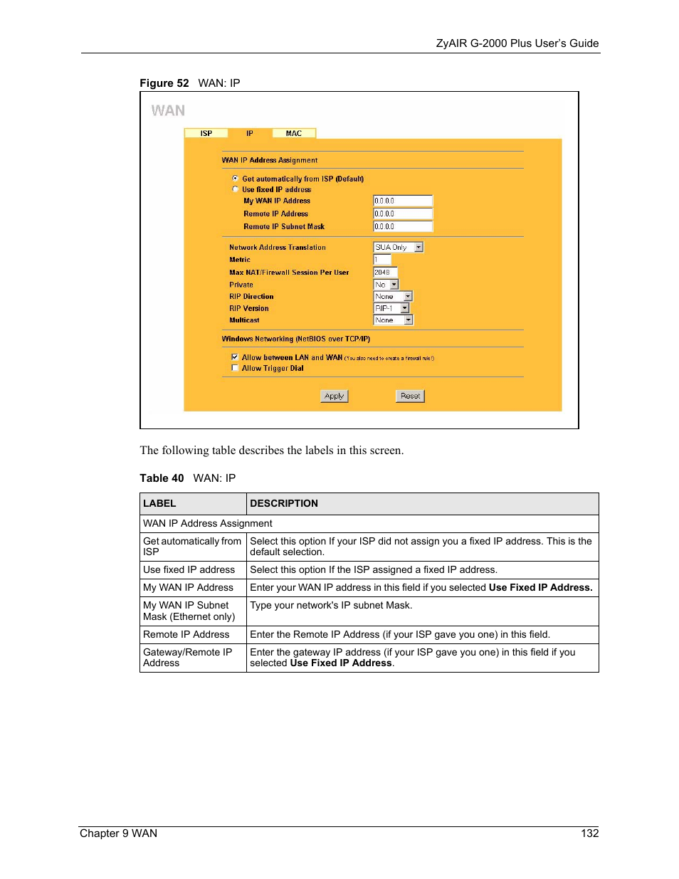 Figure 52 wan: ip, Table 40 wan: ip | ZyXEL Communications G-2000 Plus User Manual | Page 133 / 430