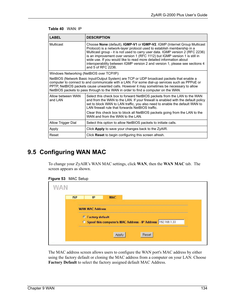 5 configuring wan mac, Figure 53 mac setup | ZyXEL Communications G-2000 Plus User Manual | Page 135 / 430