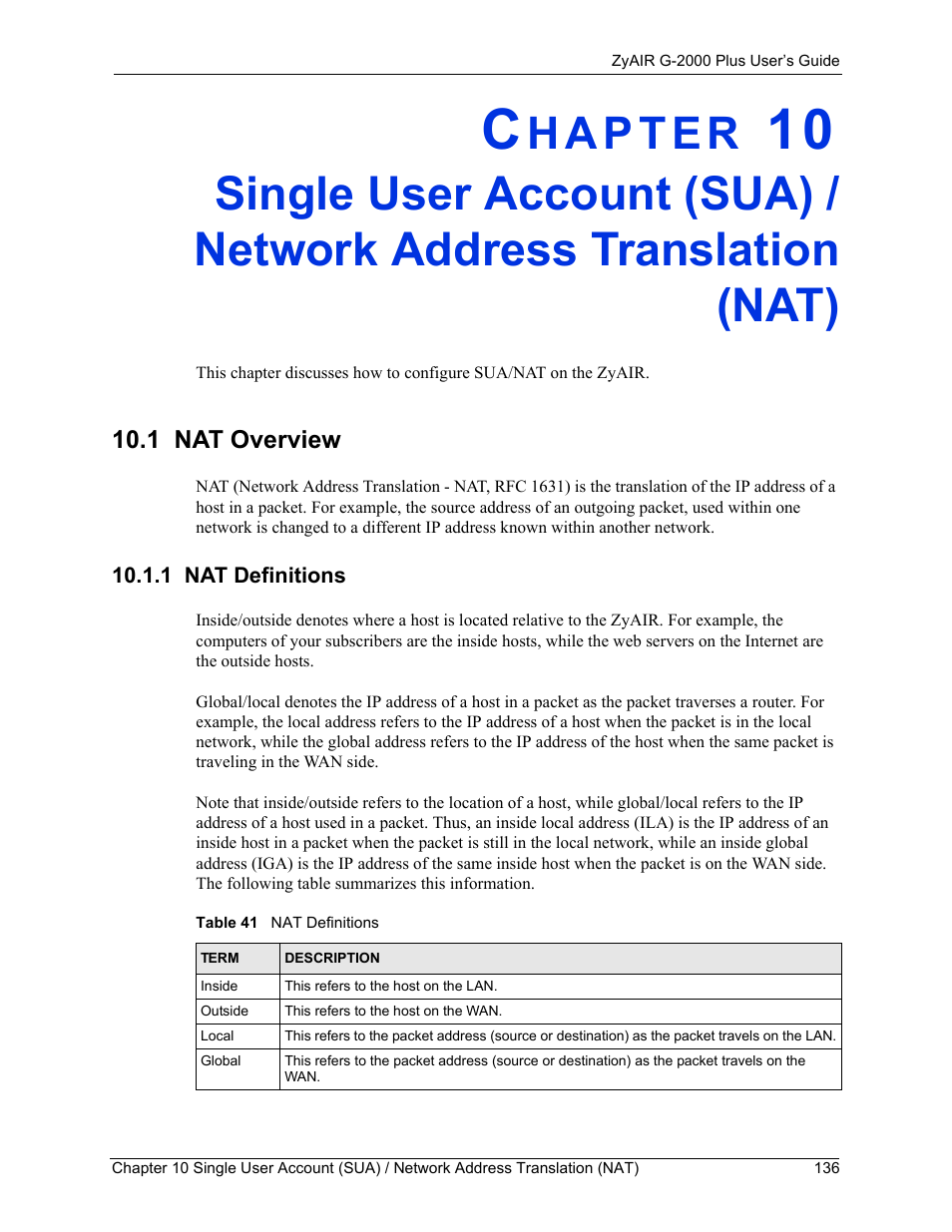 1 nat overview, 1 nat definitions, Table 41 nat definitions | ZyXEL Communications G-2000 Plus User Manual | Page 137 / 430