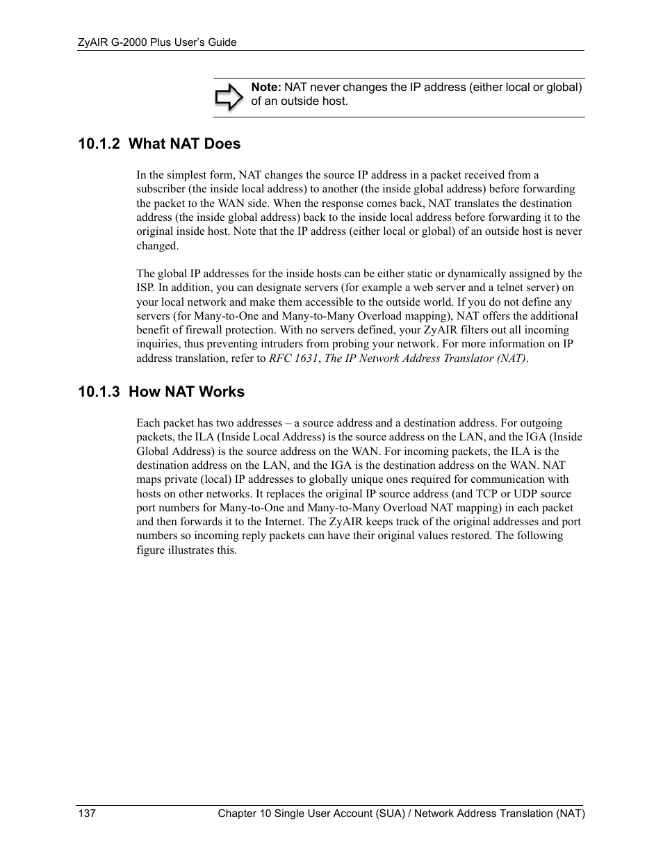 2 what nat does, 3 how nat works, 2 what nat does 10.1.3 how nat works | ZyXEL Communications G-2000 Plus User Manual | Page 138 / 430