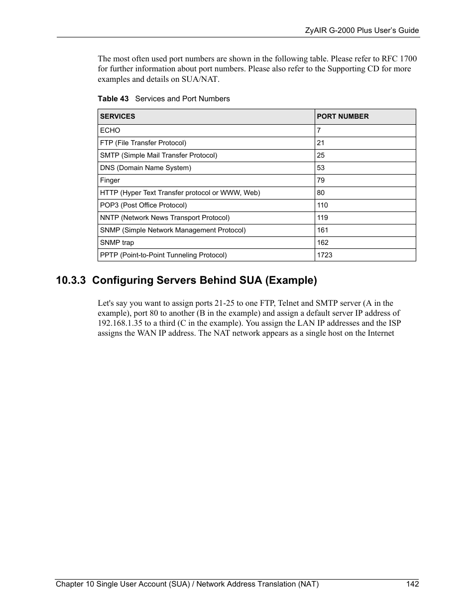 3 configuring servers behind sua (example), Table 43 services and port numbers | ZyXEL Communications G-2000 Plus User Manual | Page 143 / 430