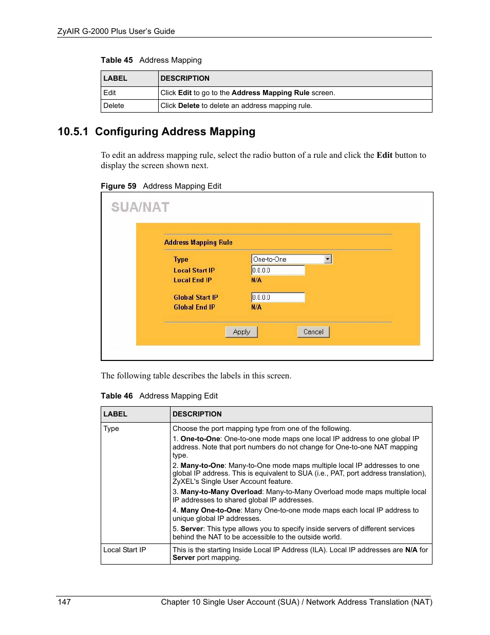 1 configuring address mapping, Figure 59 address mapping edit, Table 46 address mapping edit | ZyXEL Communications G-2000 Plus User Manual | Page 148 / 430
