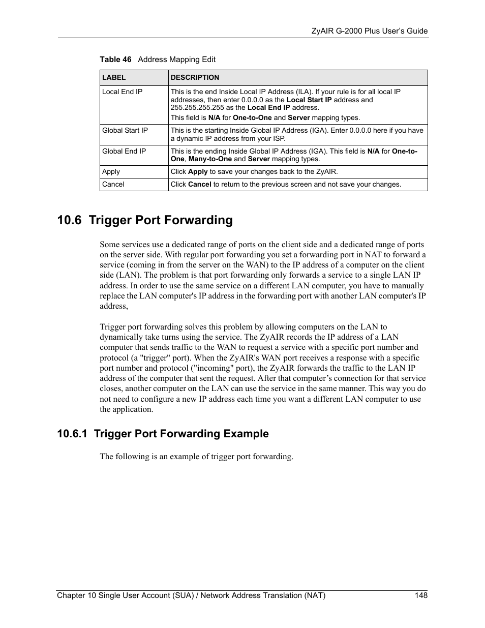 6 trigger port forwarding, 1 trigger port forwarding example | ZyXEL Communications G-2000 Plus User Manual | Page 149 / 430