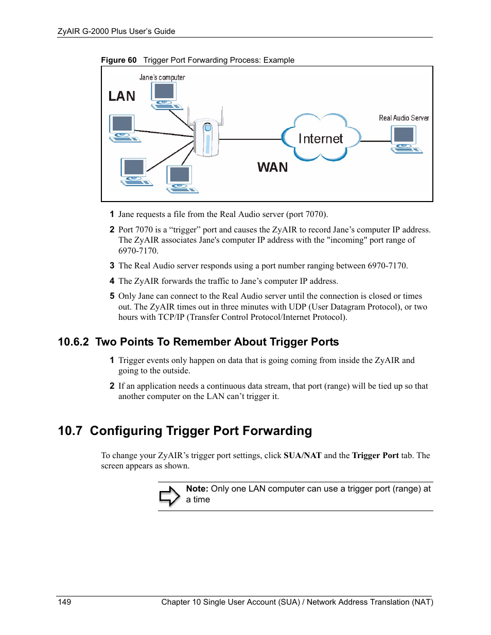 2 two points to remember about trigger ports, 7 configuring trigger port forwarding, Figure 60 trigger port forwarding process: example | ZyXEL Communications G-2000 Plus User Manual | Page 150 / 430