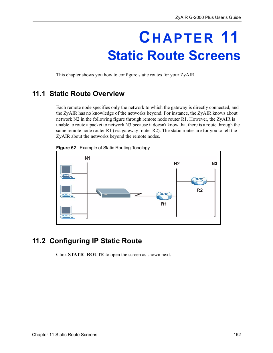 Static route screens, 1 static route overview, 2 configuring ip static route | Chapter 11 static route screens, Figure 62 example of static routing topology | ZyXEL Communications G-2000 Plus User Manual | Page 153 / 430