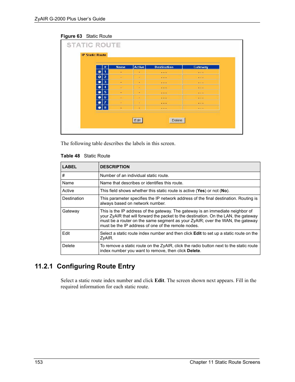 1 configuring route entry, Figure 63 static route, Table 48 static route | ZyXEL Communications G-2000 Plus User Manual | Page 154 / 430