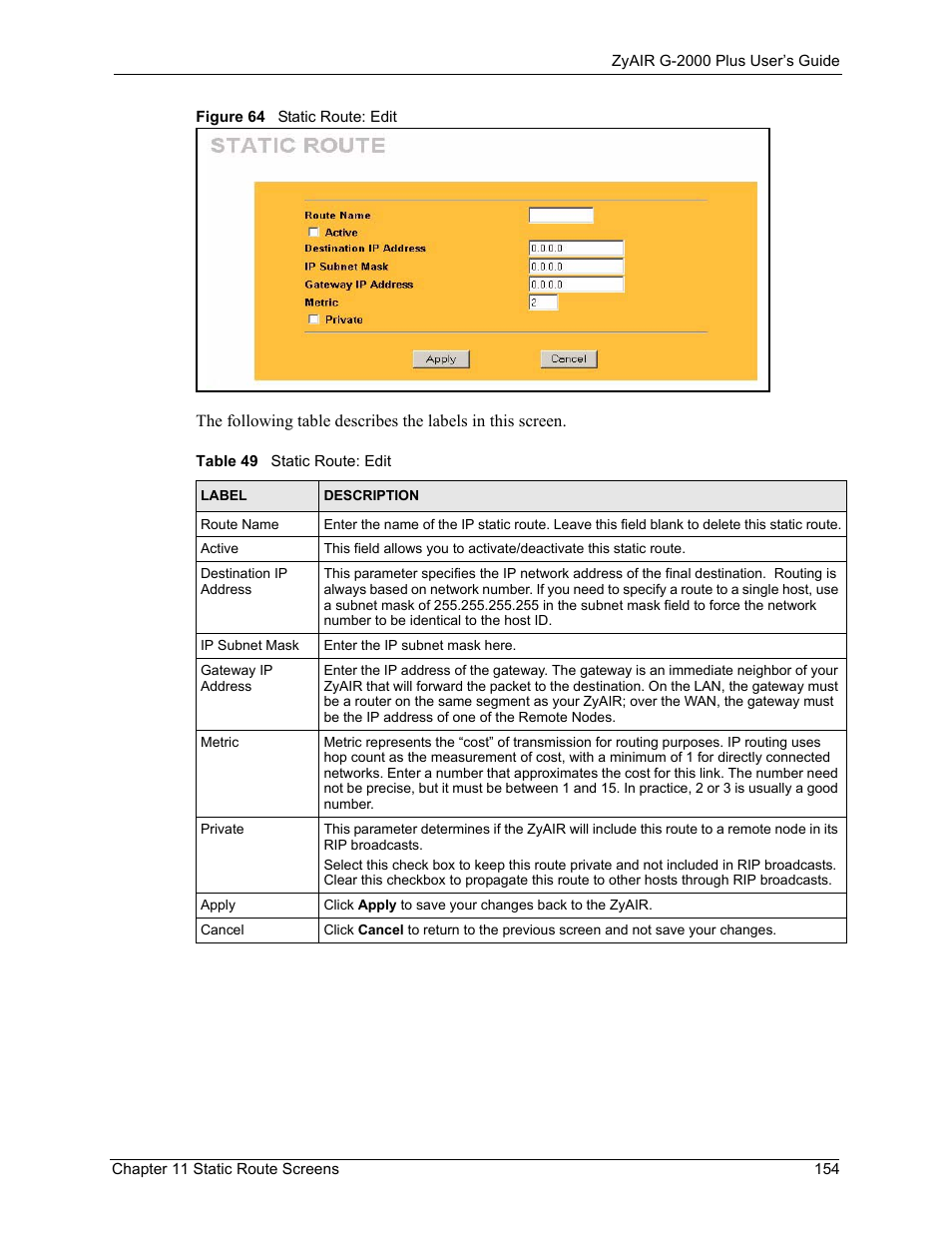 Figure 64 static route: edit, Table 49 static route: edit | ZyXEL Communications G-2000 Plus User Manual | Page 155 / 430