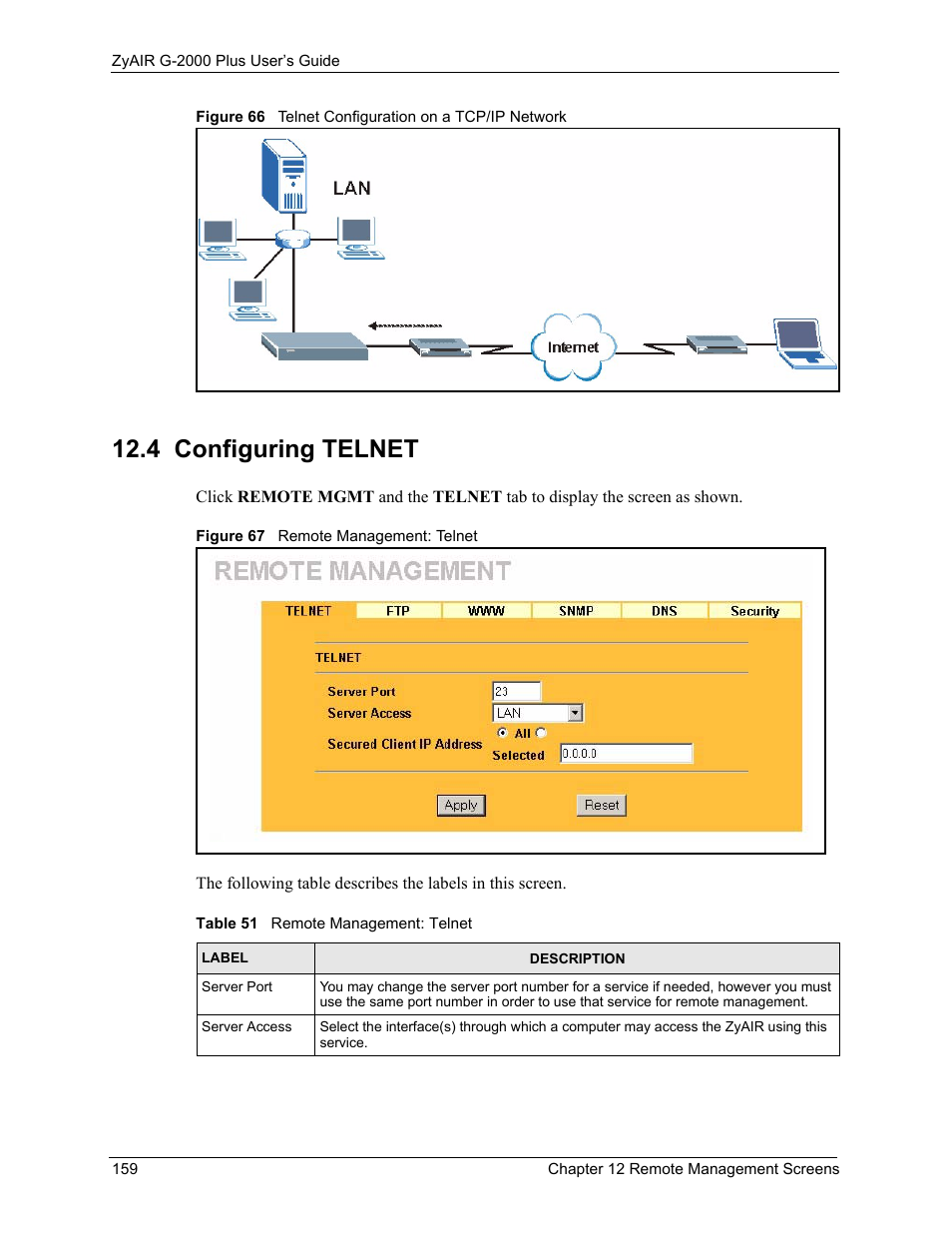 4 configuring telnet, Table 51 remote management: telnet | ZyXEL Communications G-2000 Plus User Manual | Page 160 / 430