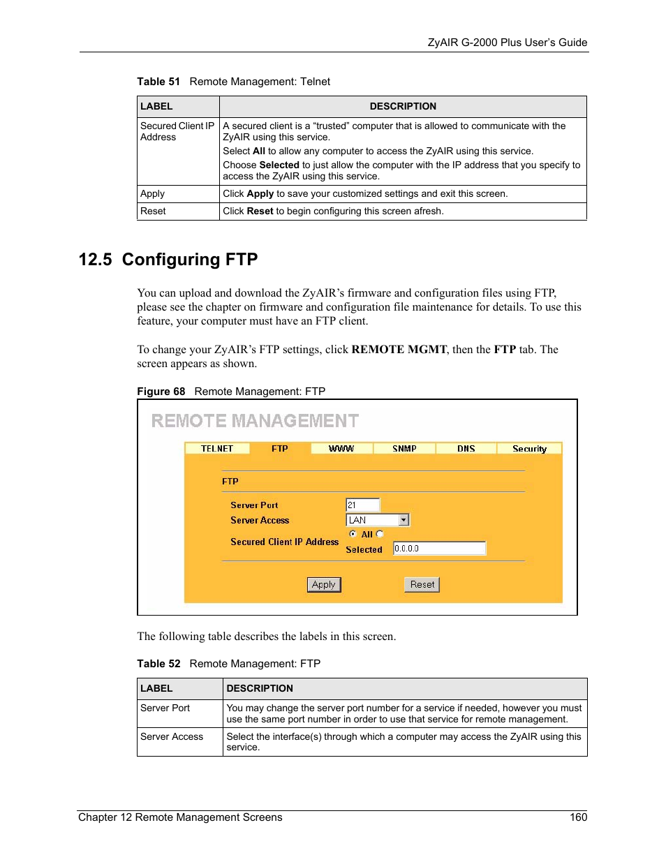 5 configuring ftp, Figure 68 remote management: ftp, Table 52 remote management: ftp | ZyXEL Communications G-2000 Plus User Manual | Page 161 / 430