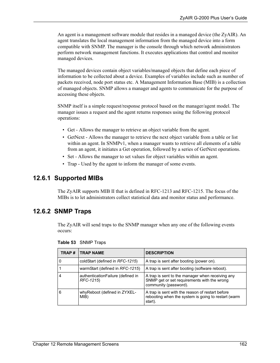 1 supported mibs, 2 snmp traps, 1 supported mibs 12.6.2 snmp traps | Table 53 snmp traps | ZyXEL Communications G-2000 Plus User Manual | Page 163 / 430