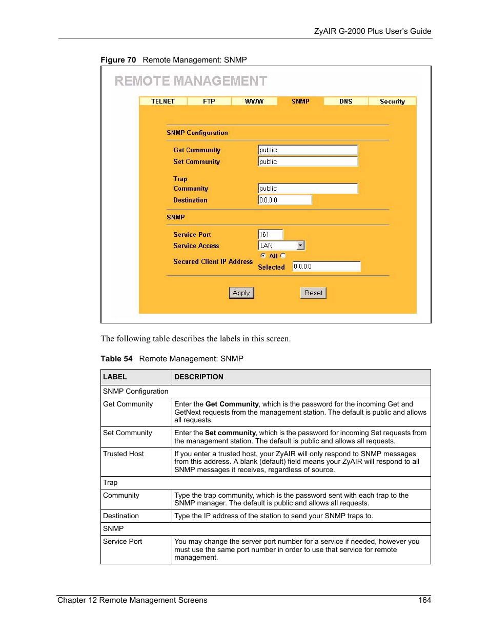 Figure 70 remote management: snmp, Table 54 remote management: snmp | ZyXEL Communications G-2000 Plus User Manual | Page 165 / 430