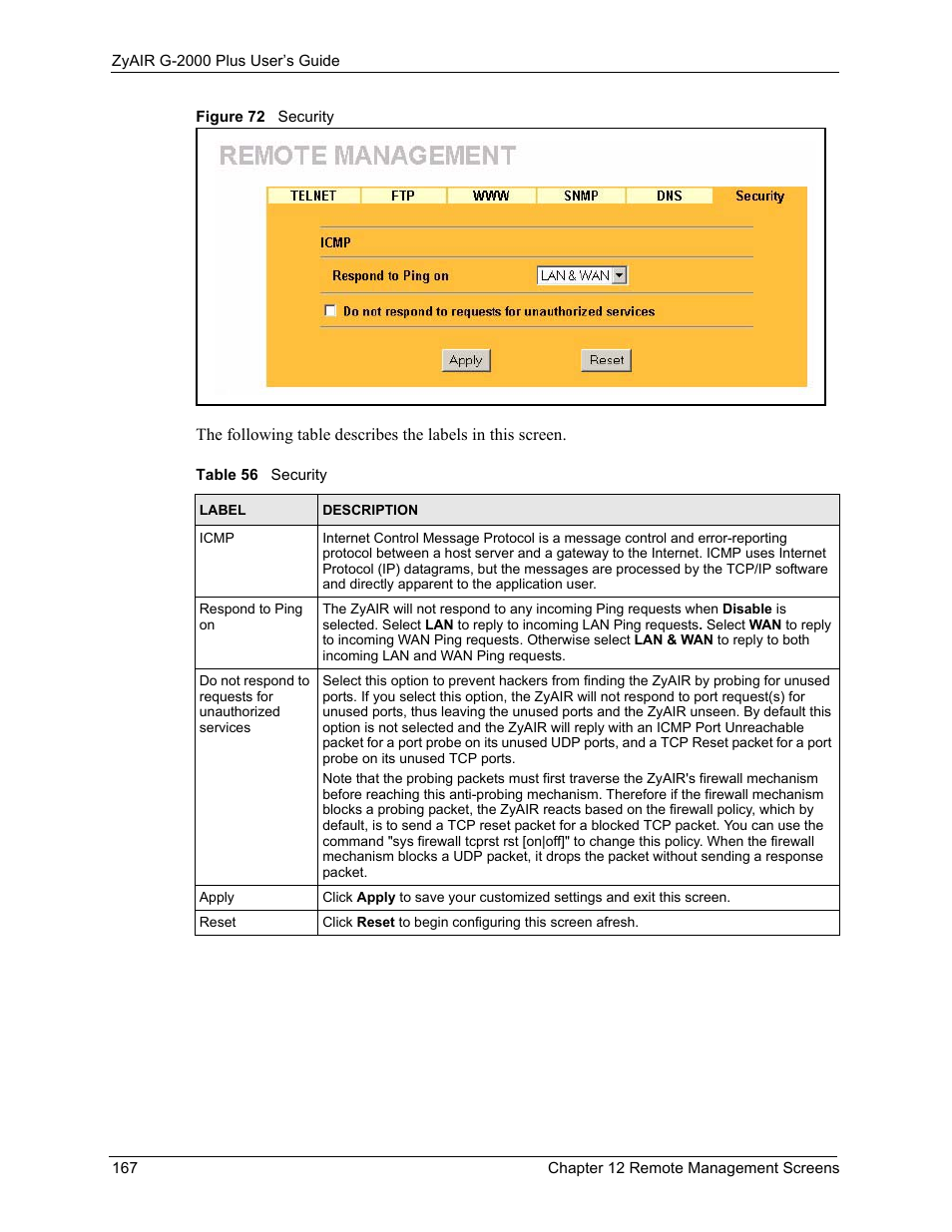 Figure 72 security, Table 56 security | ZyXEL Communications G-2000 Plus User Manual | Page 168 / 430