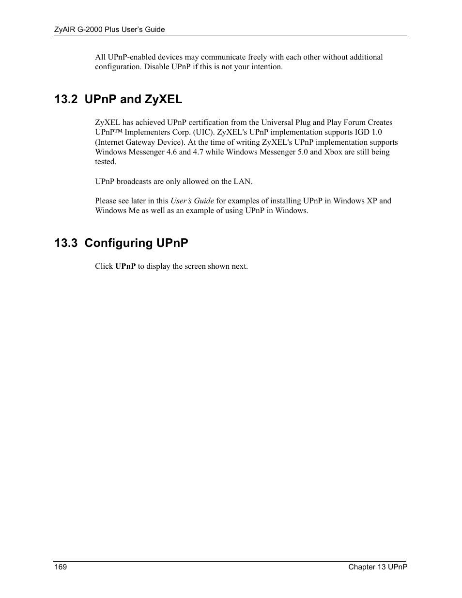 2 upnp and zyxel, 3 configuring upnp, 2 upnp and zyxel 13.3 configuring upnp | ZyXEL Communications G-2000 Plus User Manual | Page 170 / 430