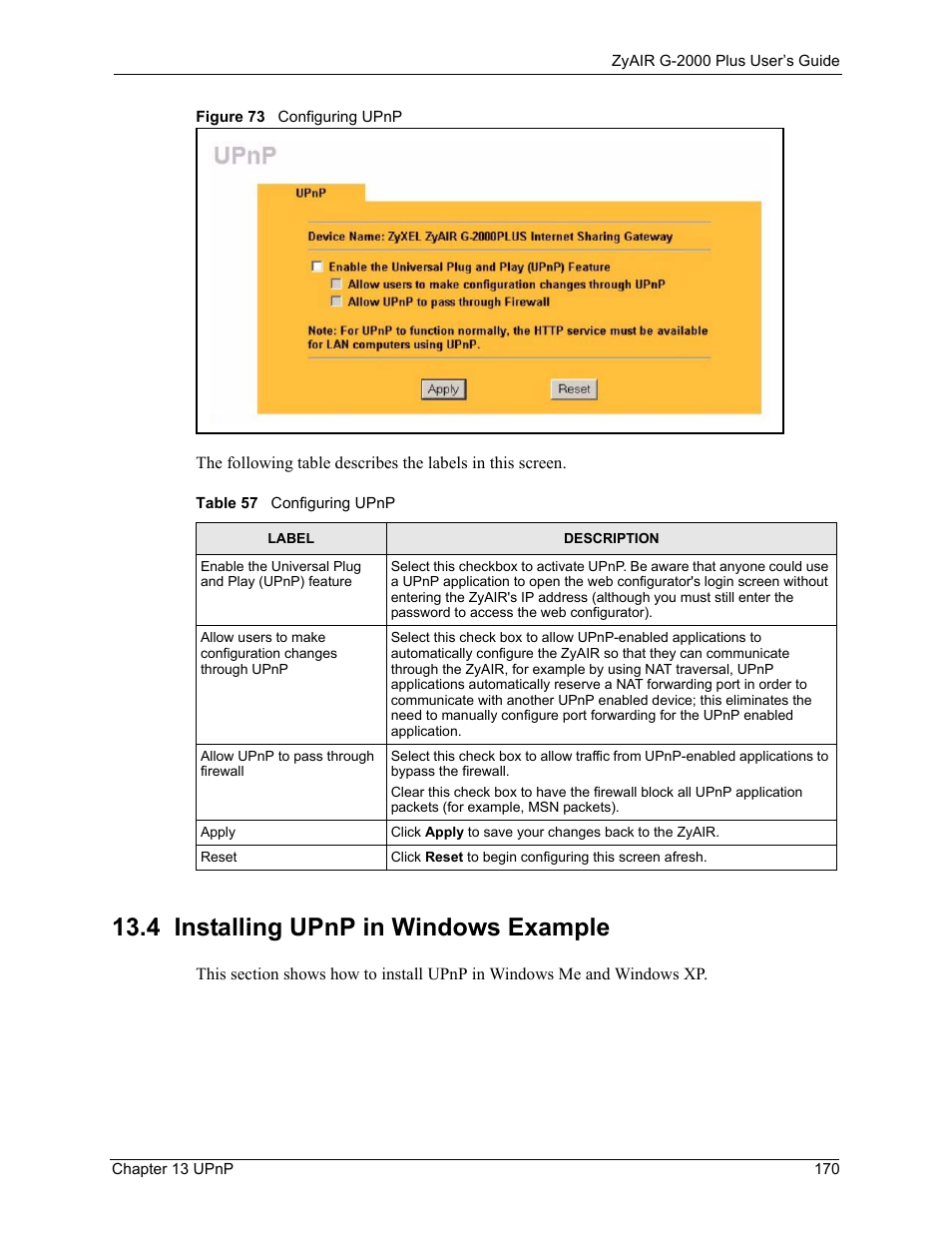 4 installing upnp in windows example, Figure 73 configuring upnp, Table 57 configuring upnp | ZyXEL Communications G-2000 Plus User Manual | Page 171 / 430