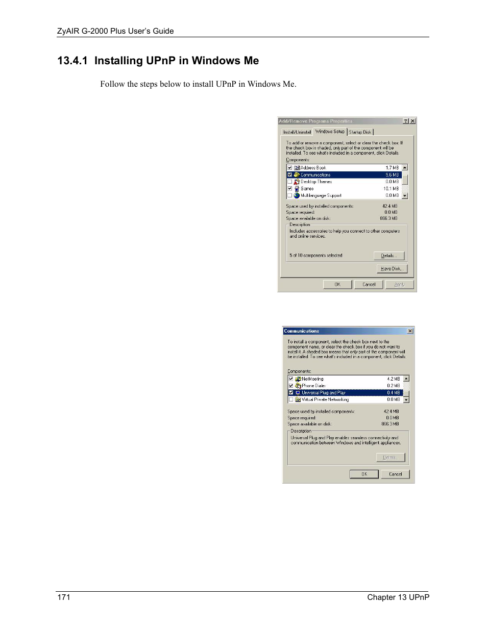 1 installing upnp in windows me | ZyXEL Communications G-2000 Plus User Manual | Page 172 / 430