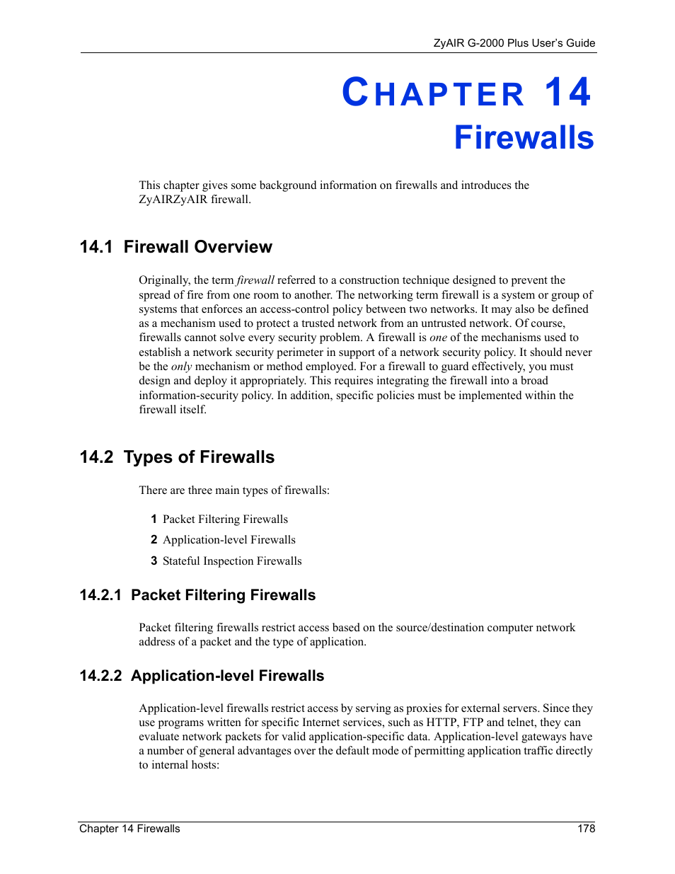 Firewalls, 1 firewall overview, 2 types of firewalls | 1 packet filtering firewalls, 2 application-level firewalls, Chapter 14 firewalls, 1 firewall overview 14.2 types of firewalls | ZyXEL Communications G-2000 Plus User Manual | Page 179 / 430