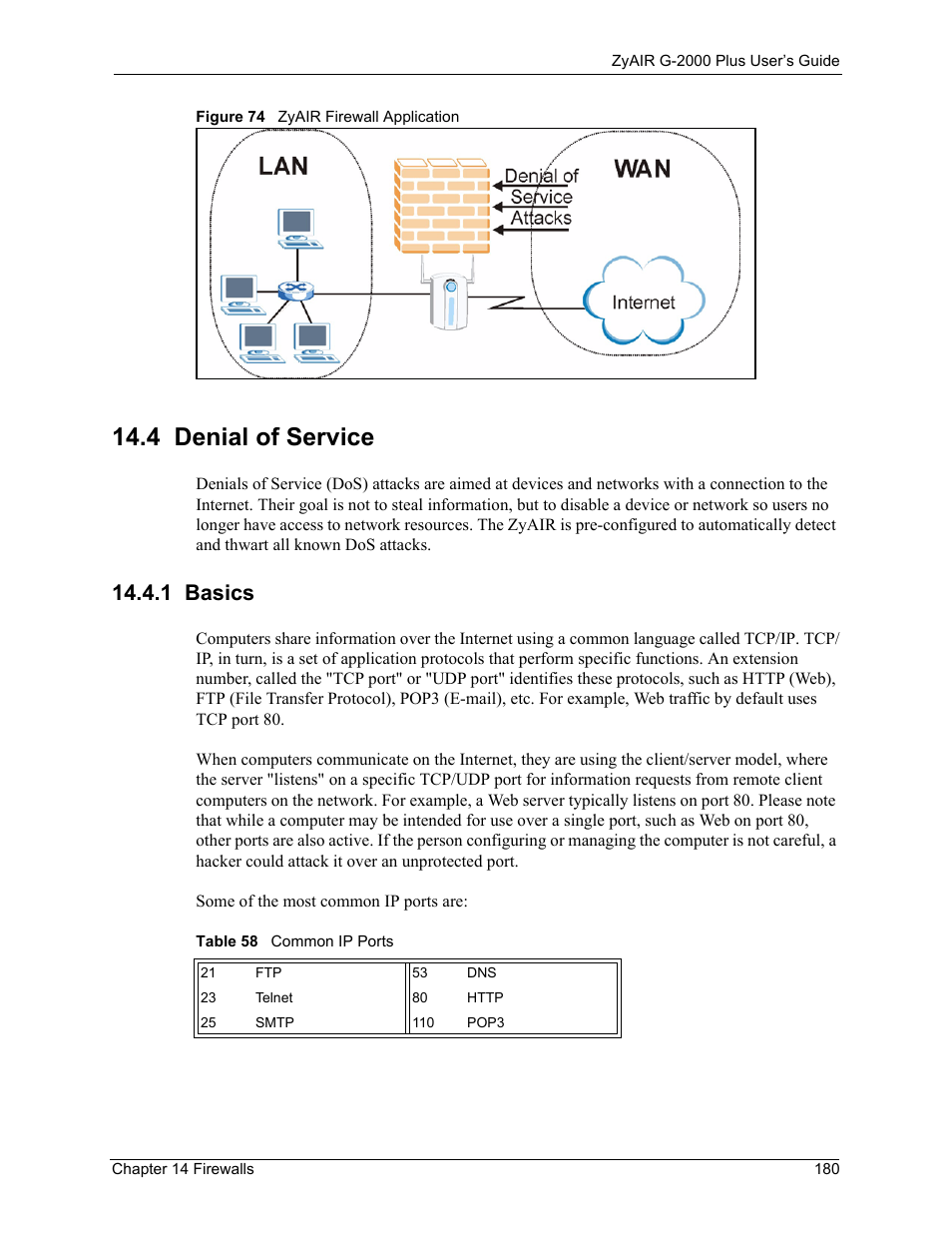 4 denial of service, 1 basics, Figure 74 zyair firewall application | Table 58 common ip ports | ZyXEL Communications G-2000 Plus User Manual | Page 181 / 430