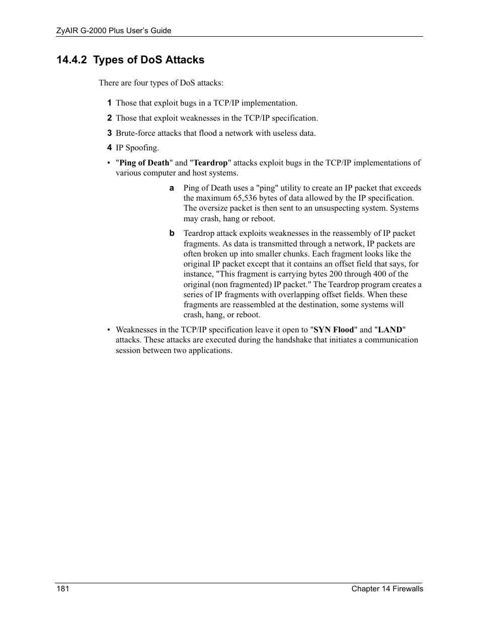 2 types of dos attacks | ZyXEL Communications G-2000 Plus User Manual | Page 182 / 430
