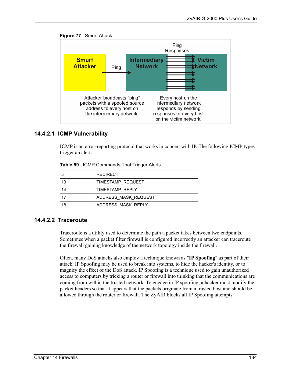1 icmp vulnerability, 2 traceroute, 1 icmp vulnerability 14.4.2.2 traceroute | Figure 77 smurf attack, Table 59 icmp commands that trigger alerts | ZyXEL Communications G-2000 Plus User Manual | Page 185 / 430