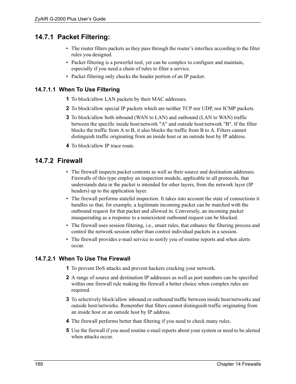 1 packet filtering, 1 when to use filtering, 2 firewall | 1 when to use the firewall | ZyXEL Communications G-2000 Plus User Manual | Page 190 / 430