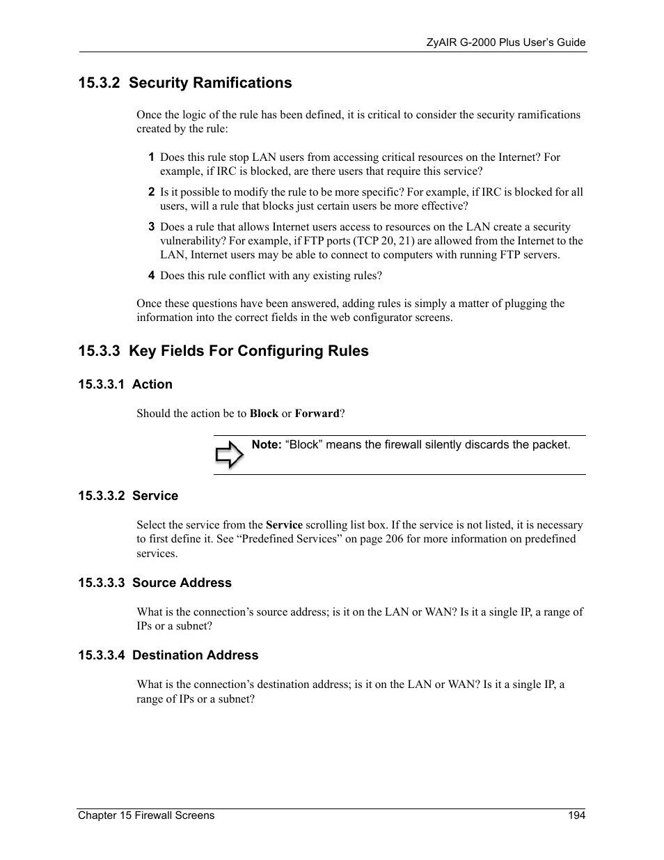 2 security ramifications, 3 key fields for configuring rules, 1 action | 2 service, 3 source address, 4 destination address | ZyXEL Communications G-2000 Plus User Manual | Page 195 / 430