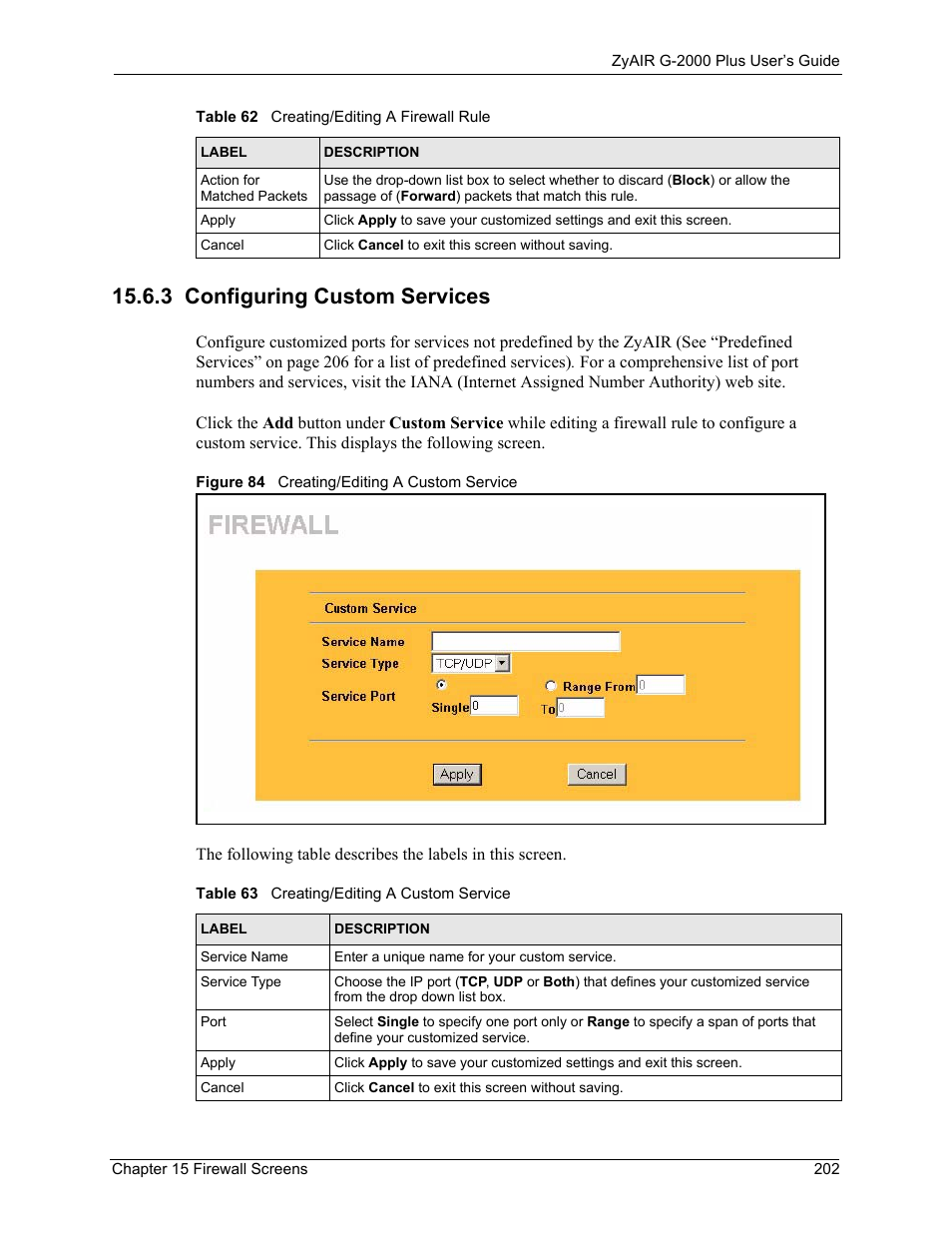 3 configuring custom services, Figure 84 creating/editing a custom service, Table 63 creating/editing a custom service | ZyXEL Communications G-2000 Plus User Manual | Page 203 / 430