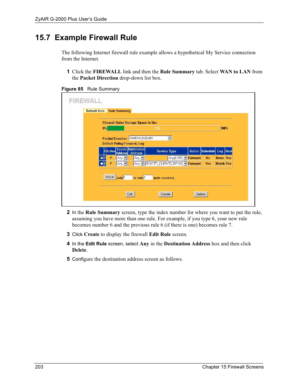 7 example firewall rule, Figure 85 rule summary | ZyXEL Communications G-2000 Plus User Manual | Page 204 / 430