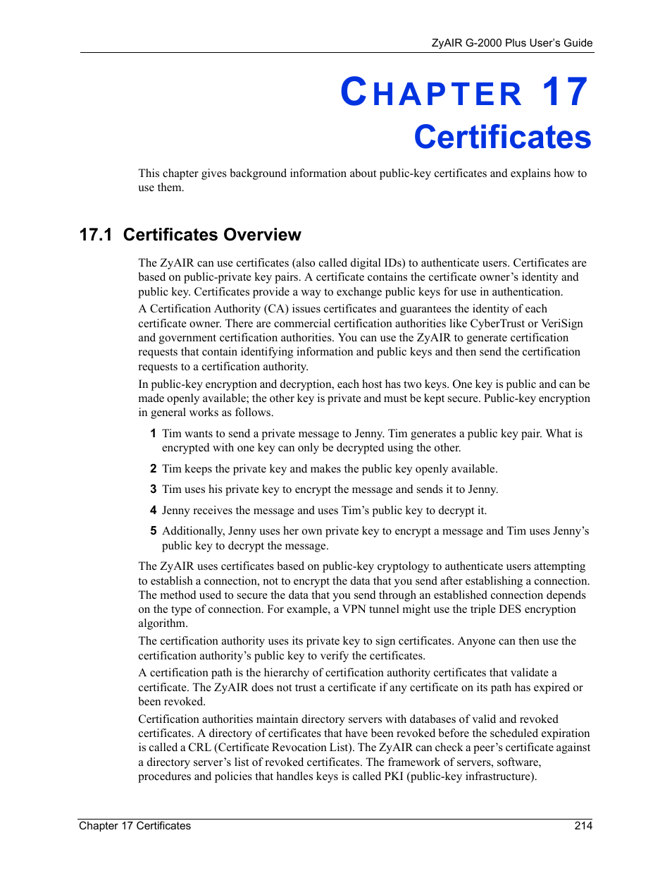 Certificates, 1 certificates overview, Chapter 17 certificates | ZyXEL Communications G-2000 Plus User Manual | Page 215 / 430