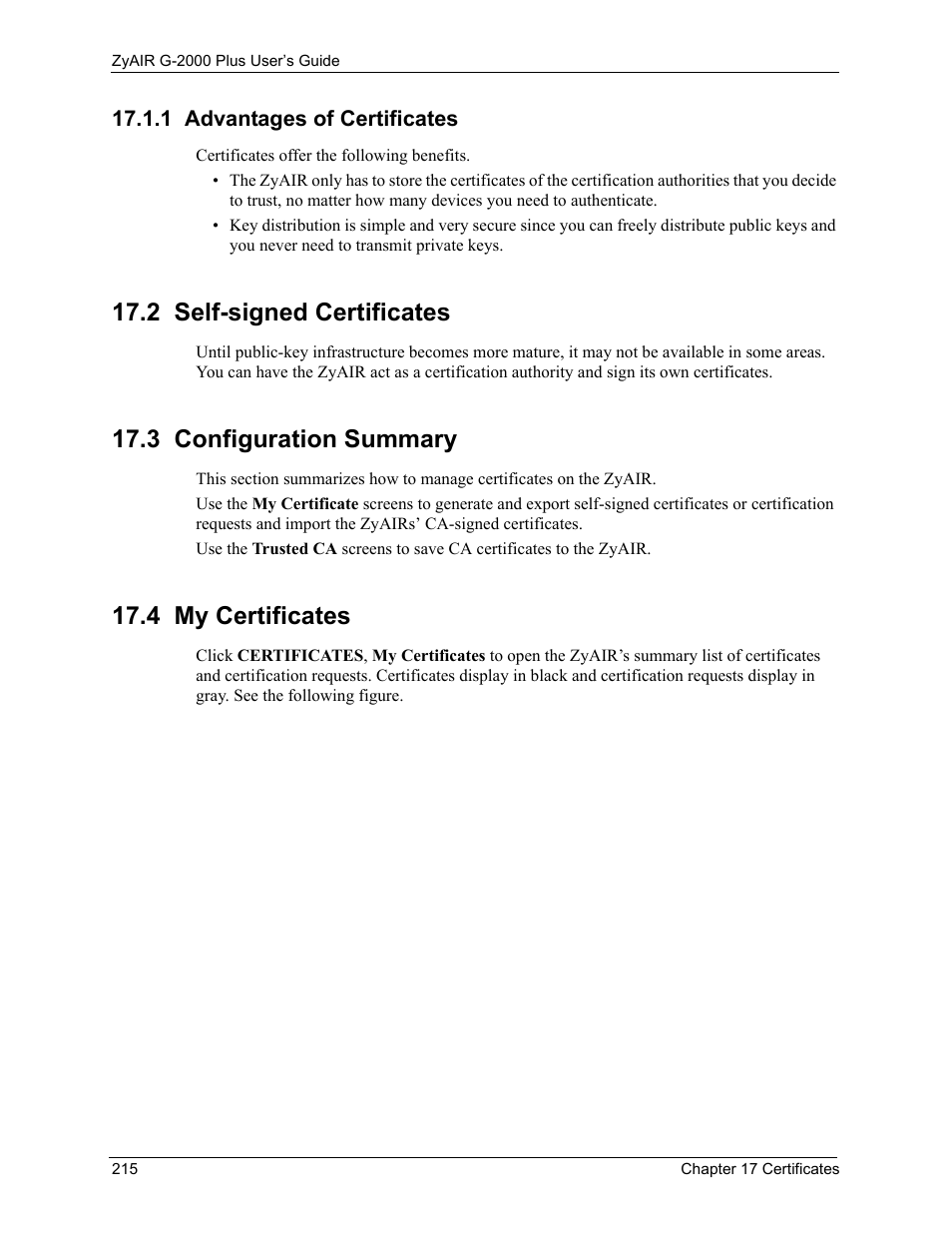 1 advantages of certificates, 2 self-signed certificates, 3 configuration summary | 4 my certificates | ZyXEL Communications G-2000 Plus User Manual | Page 216 / 430