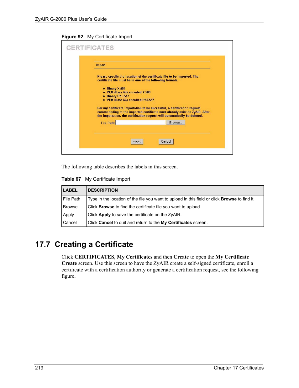 7 creating a certificate, Figure 92 my certificate import, Table 67 my certificate import | ZyXEL Communications G-2000 Plus User Manual | Page 220 / 430