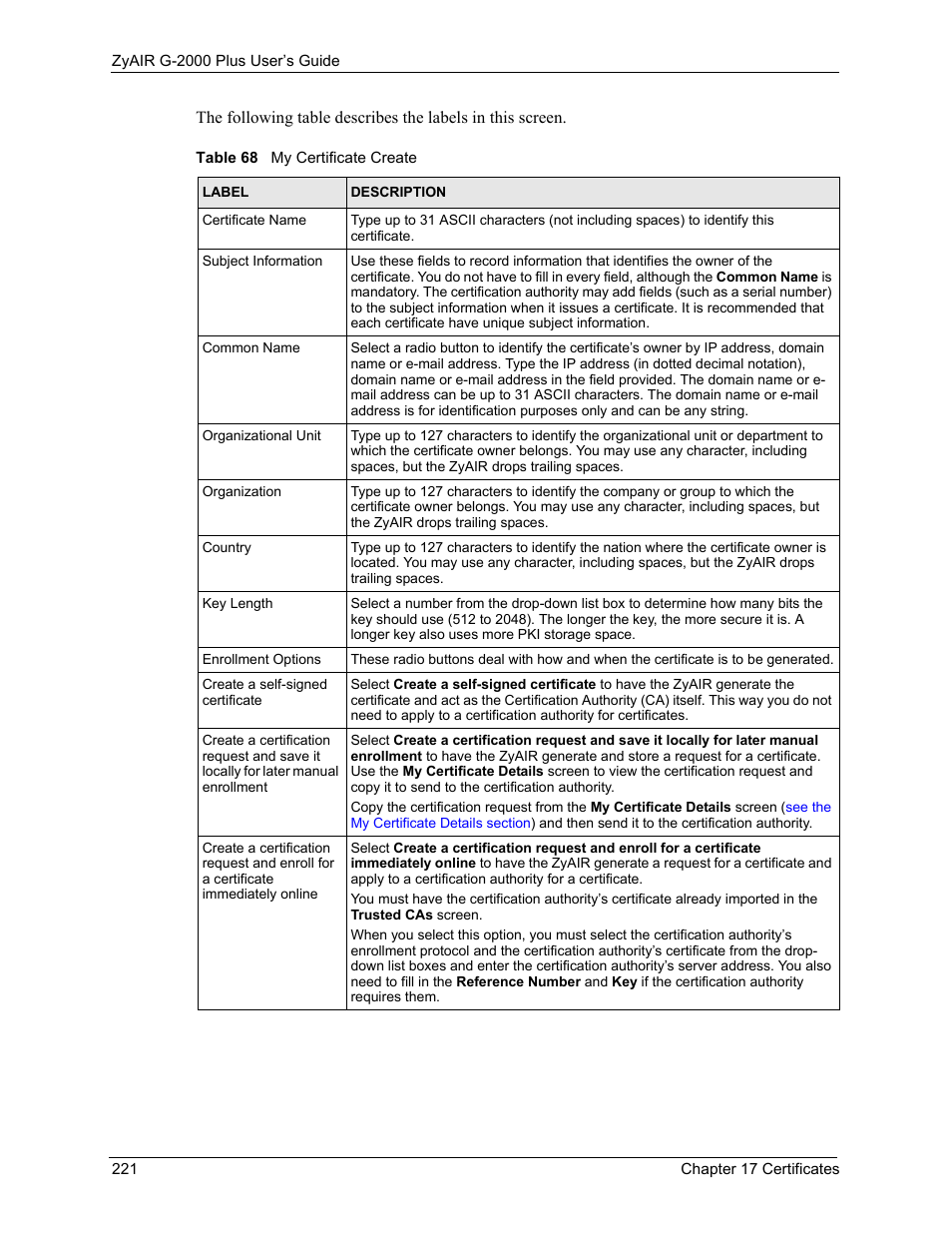 Table 68 my certificate create | ZyXEL Communications G-2000 Plus User Manual | Page 222 / 430