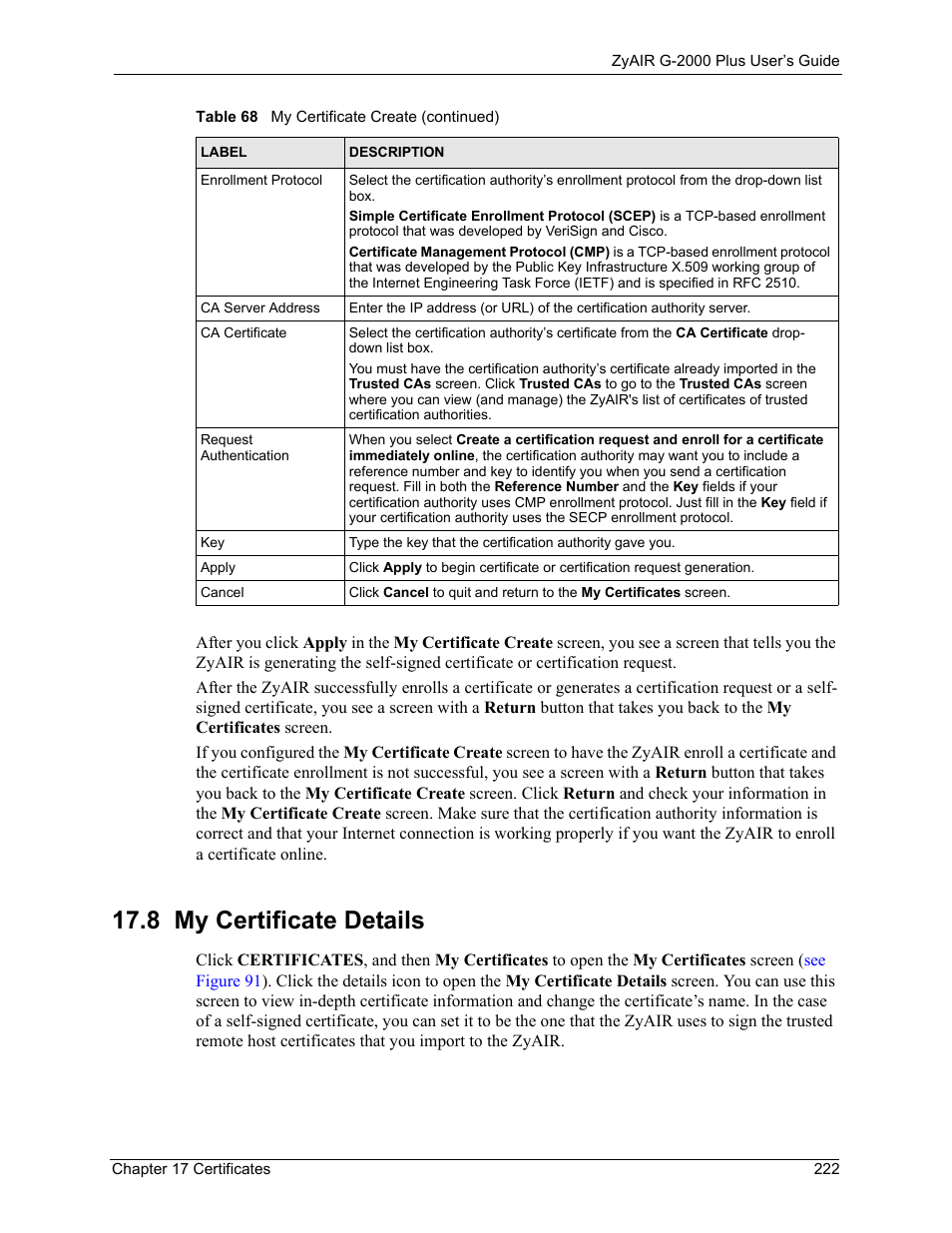 8 my certificate details, Screen, See the | My certificate details section | ZyXEL Communications G-2000 Plus User Manual | Page 223 / 430