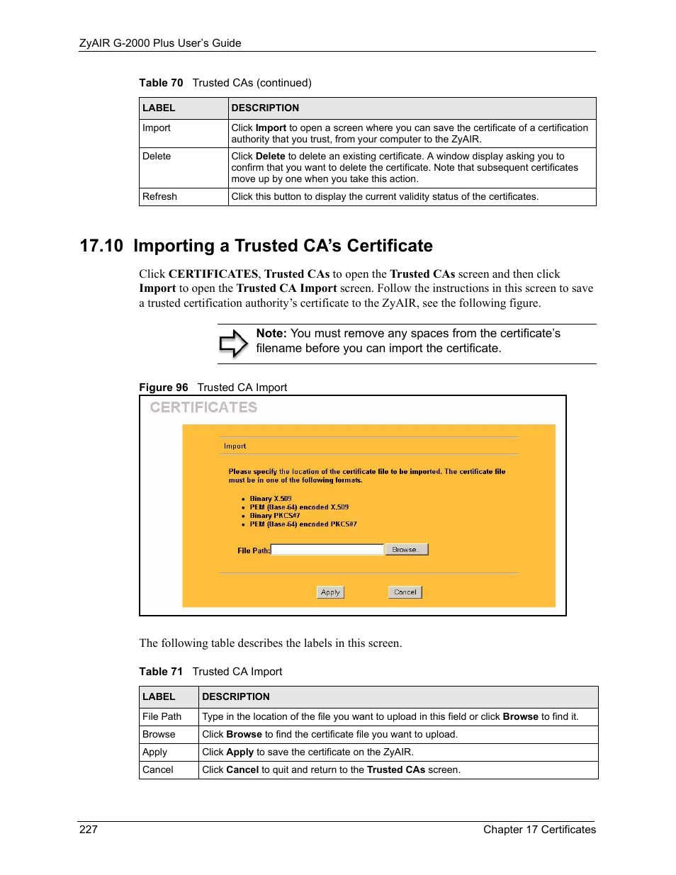 10 importing a trusted ca’s certificate, Figure 96 trusted ca import, Table 71 trusted ca import | ZyXEL Communications G-2000 Plus User Manual | Page 228 / 430