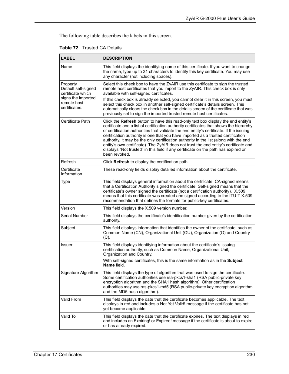 Table 72 trusted ca details | ZyXEL Communications G-2000 Plus User Manual | Page 231 / 430