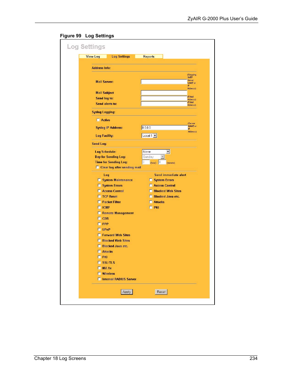 Figure 99 log settings | ZyXEL Communications G-2000 Plus User Manual | Page 235 / 430