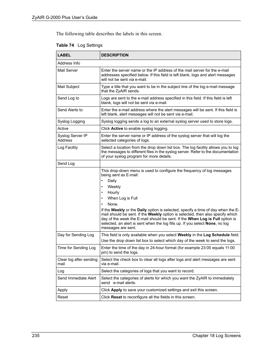Table 74 log settings | ZyXEL Communications G-2000 Plus User Manual | Page 236 / 430