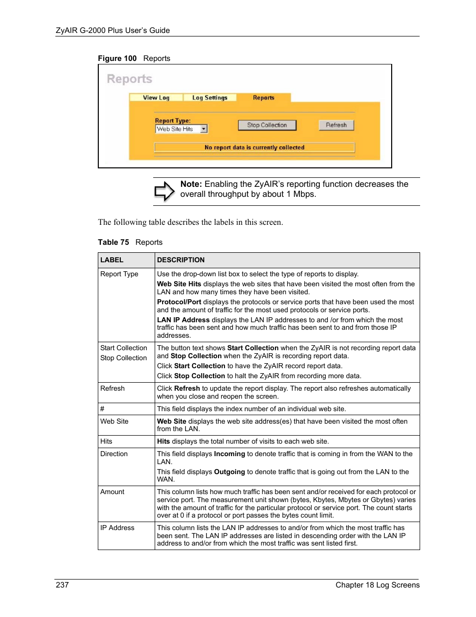Figure 100 reports, Table 75 reports | ZyXEL Communications G-2000 Plus User Manual | Page 238 / 430