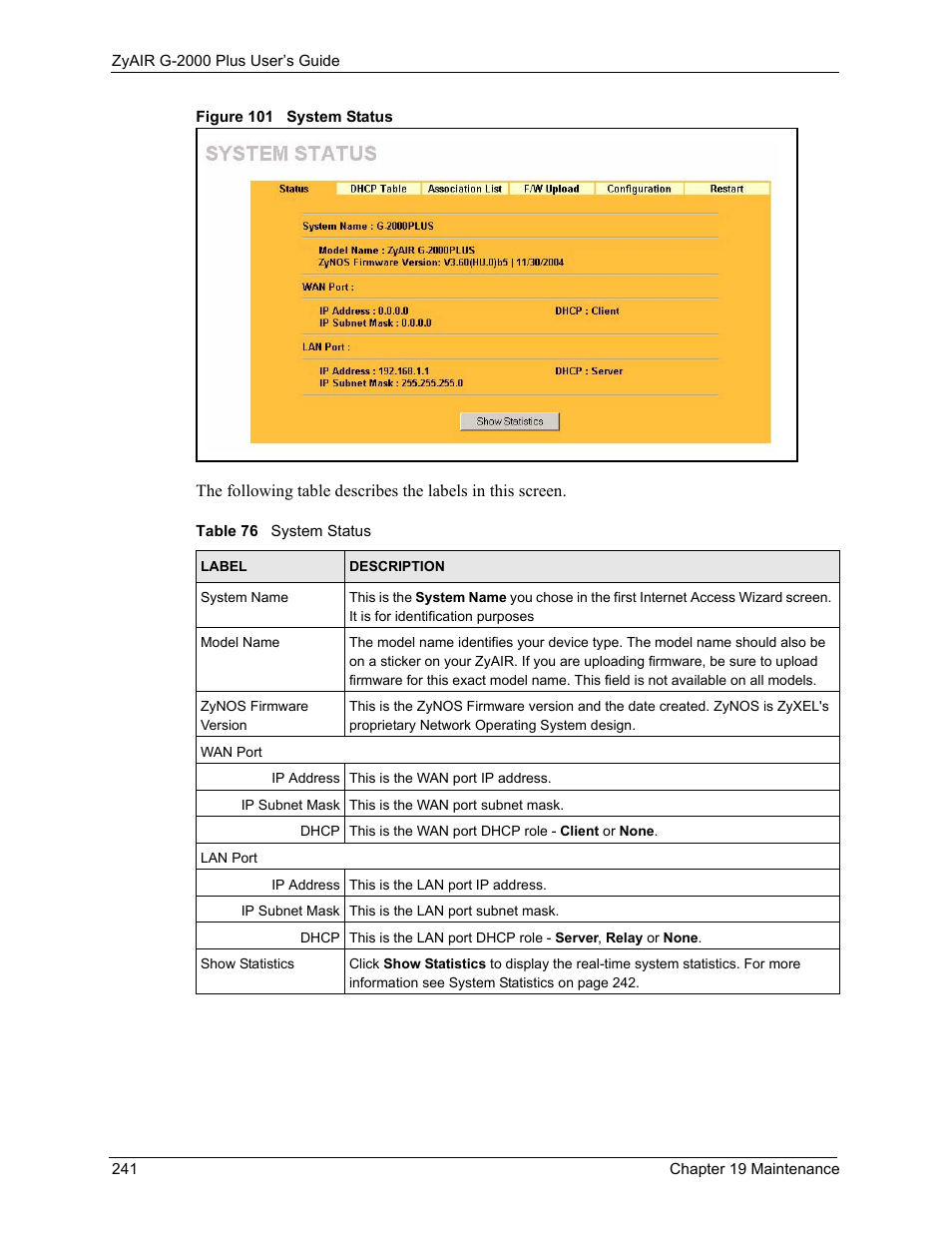 Figure 101 system status, Table 76 system status | ZyXEL Communications G-2000 Plus User Manual | Page 242 / 430