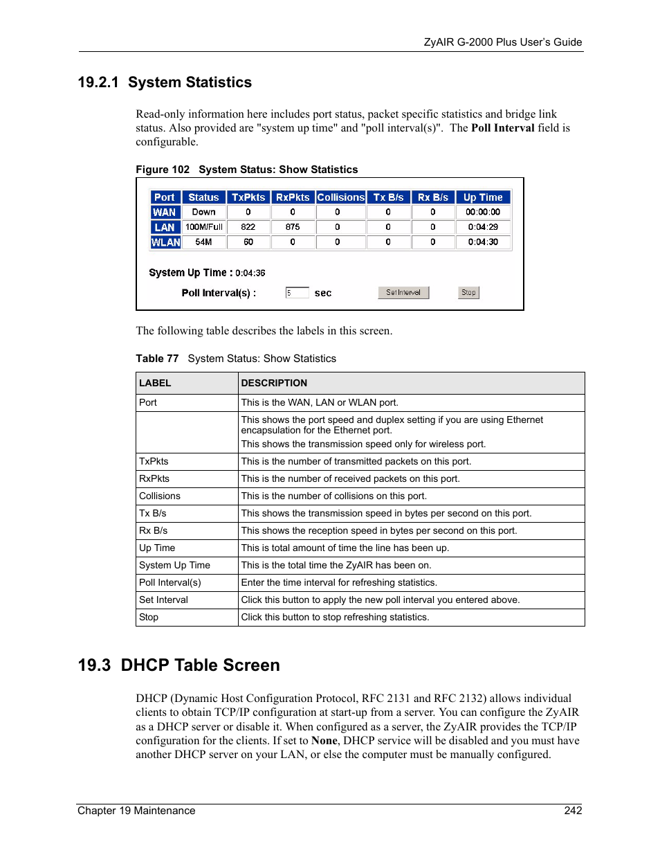 1 system statistics, 3 dhcp table screen, Figure 102 system status: show statistics | Table 77 system status: show statistics | ZyXEL Communications G-2000 Plus User Manual | Page 243 / 430