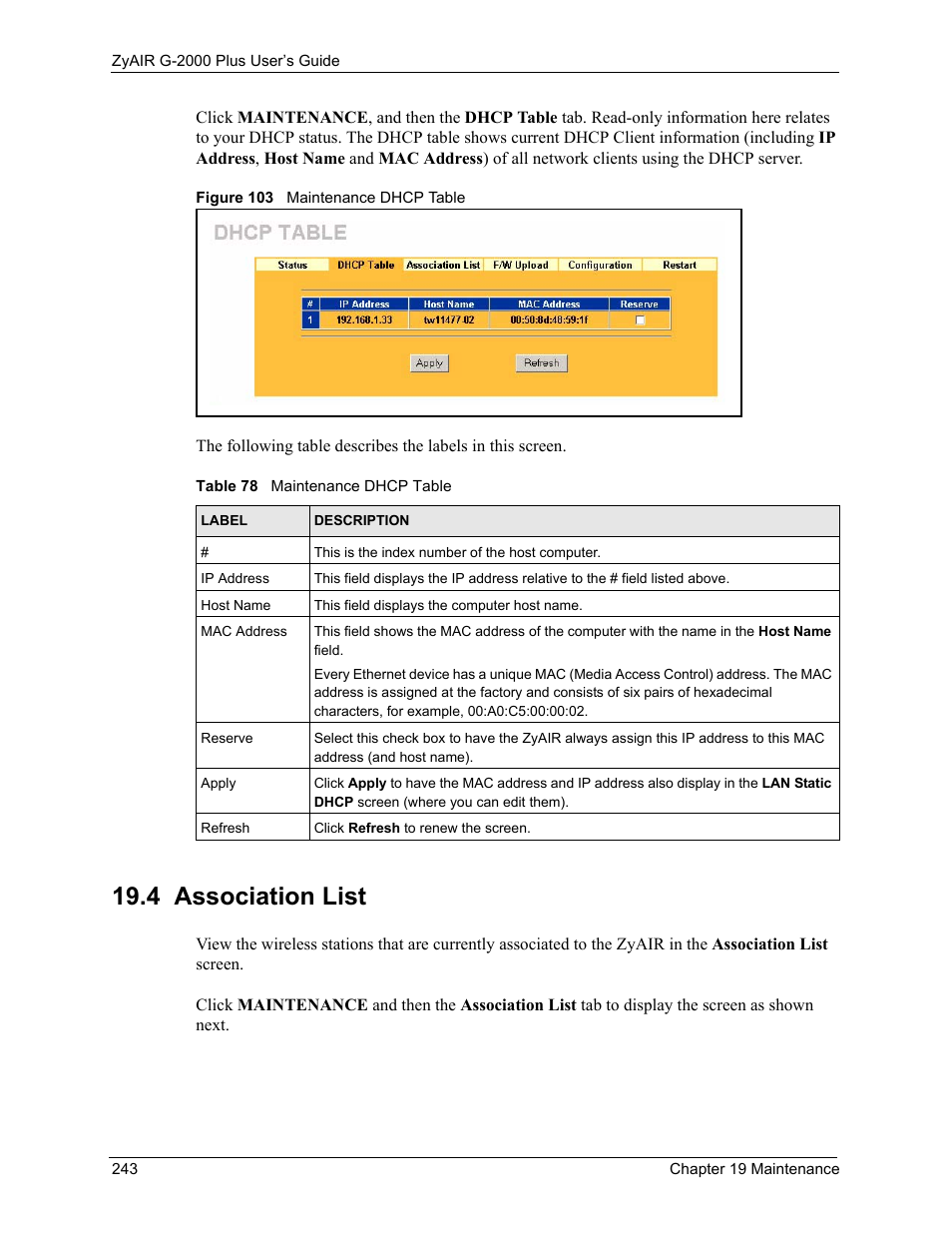 4 association list, Figure 103 maintenance dhcp table, Table 78 maintenance dhcp table | ZyXEL Communications G-2000 Plus User Manual | Page 244 / 430