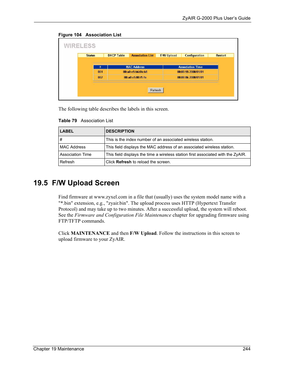 5 f/w upload screen, Figure 104 association list, Table 79 association list | ZyXEL Communications G-2000 Plus User Manual | Page 245 / 430