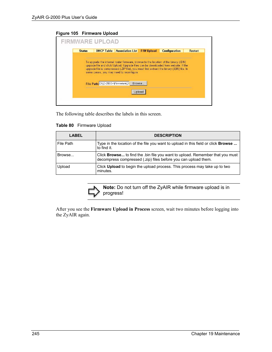 Figure 105 firmware upload, Table 80 firmware upload | ZyXEL Communications G-2000 Plus User Manual | Page 246 / 430