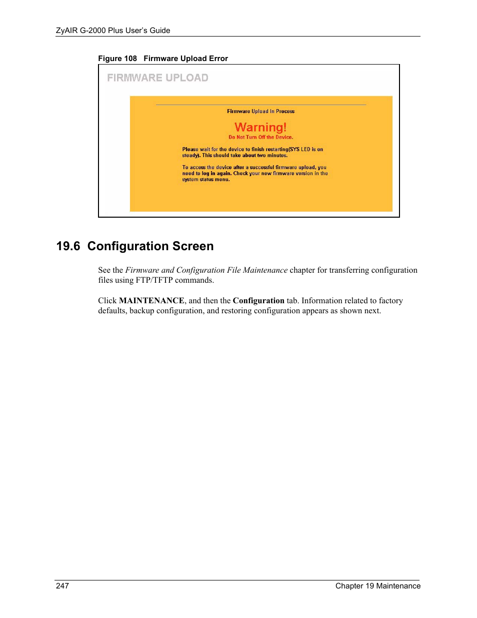 6 configuration screen, Figure 108 firmware upload error | ZyXEL Communications G-2000 Plus User Manual | Page 248 / 430