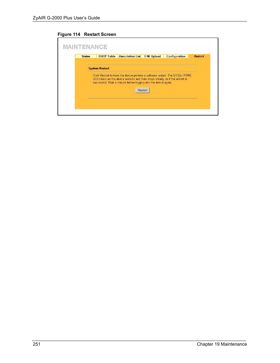 Figure 114 restart screen | ZyXEL Communications G-2000 Plus User Manual | Page 252 / 430