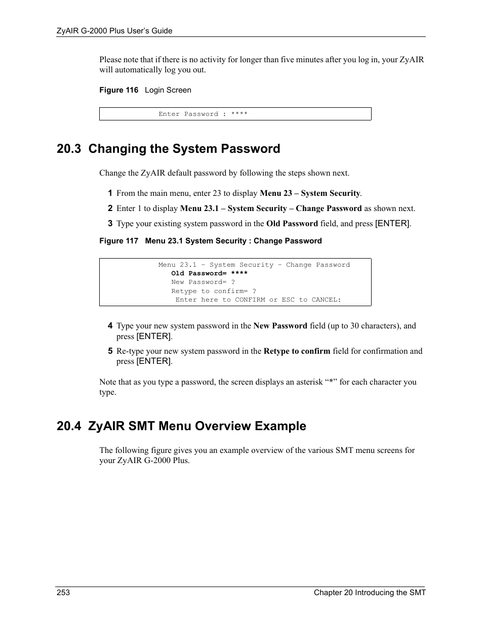 3 changing the system password, 4 zyair smt menu overview example | ZyXEL Communications G-2000 Plus User Manual | Page 254 / 430