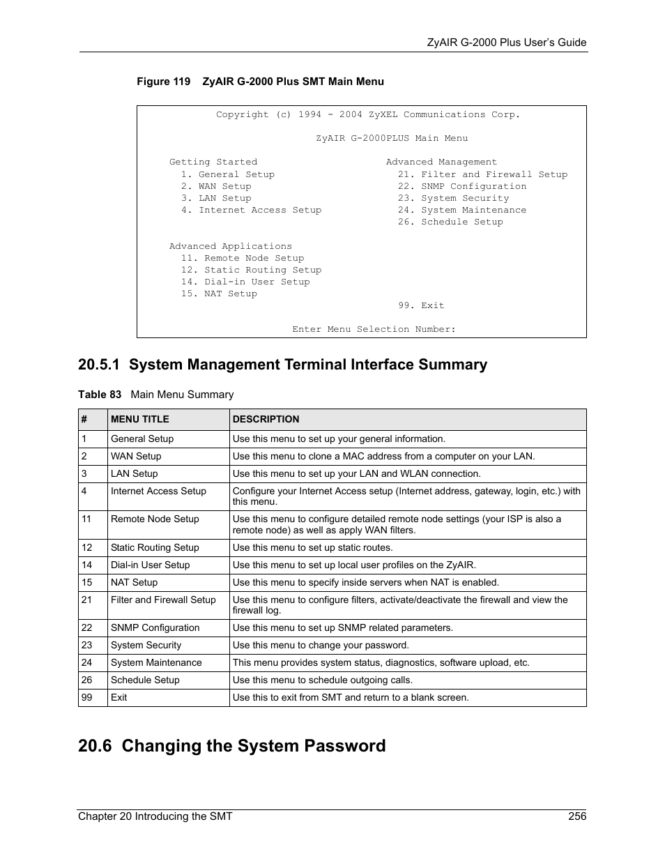 1 system management terminal interface summary, 6 changing the system password, Figure 119 zyair g-2000 plus smt main menu | Table 83 main menu summary | ZyXEL Communications G-2000 Plus User Manual | Page 257 / 430