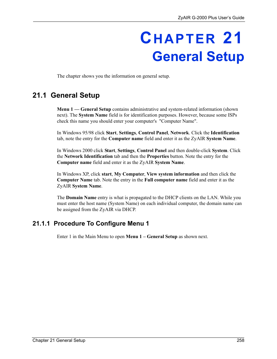 General setup, 1 general setup, 1 procedure to configure menu 1 | Chapter 21 general setup | ZyXEL Communications G-2000 Plus User Manual | Page 259 / 430