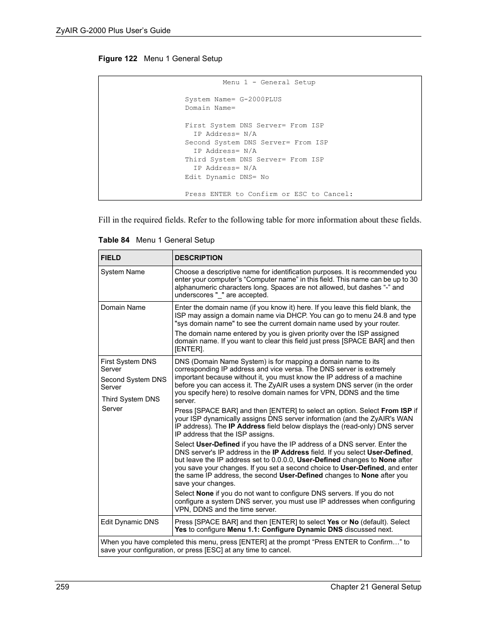 Figure 122 menu 1 general setup, Table 84 menu 1 general setup | ZyXEL Communications G-2000 Plus User Manual | Page 260 / 430