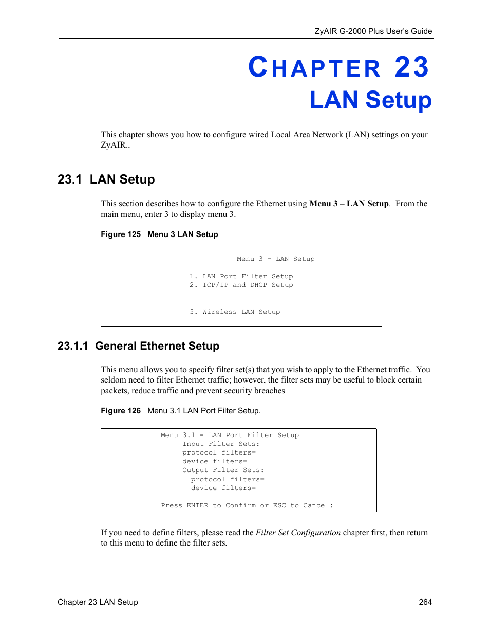 Lan setup, 1 lan setup, 1 general ethernet setup | Chapter 23 lan setup | ZyXEL Communications G-2000 Plus User Manual | Page 265 / 430